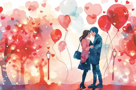 Valentine's Day banner with a watercolor style backdrop with adorable couples and heart balloons.