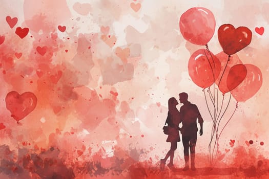 Valentine's Day banner with a watercolor style backdrop with adorable couples and heart balloons.