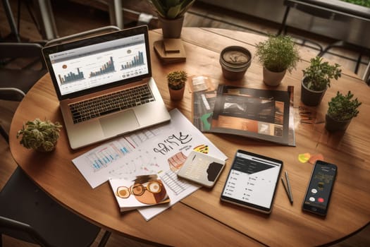 A modern work space desk with a laptop Generative AI.