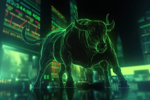 Double exposure of a silhouette bull run and uptrend chart, the bull market is rising.