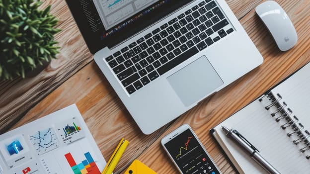 A modern work space desk with a laptop, working desk with accessory.