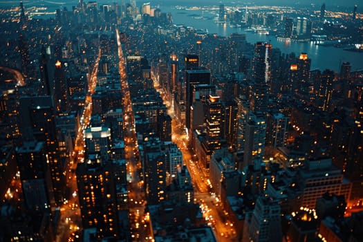 Aerial view of a city street at night time, long exposure of the car lights.