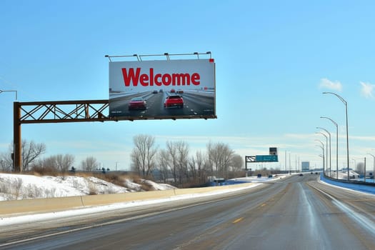 The word Welcome on road sign billboard, Welcome to Highway Road Sign.