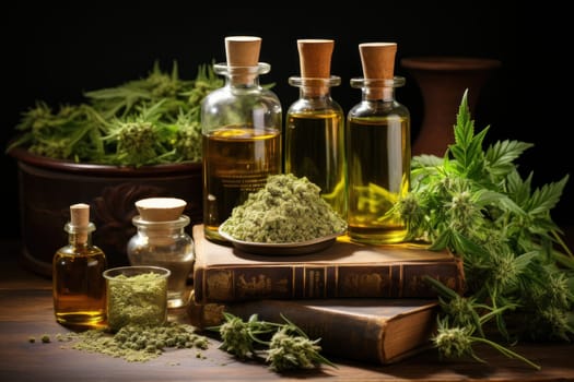 hemp medicine, Green leaves of medicinal cannabis with extract oil, AI Generative.