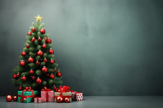 Christmas Tree Winter with Gift Boxes green Background for advertising.