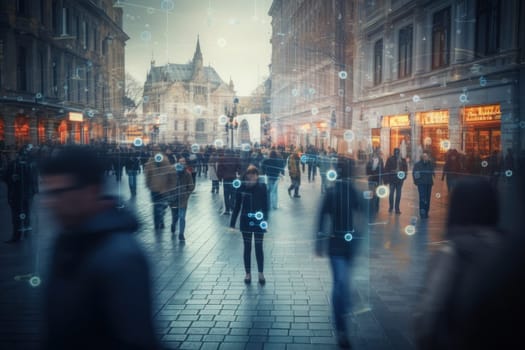 Surveillance camera of a crowd of people walking along busy city streets, AI generative.