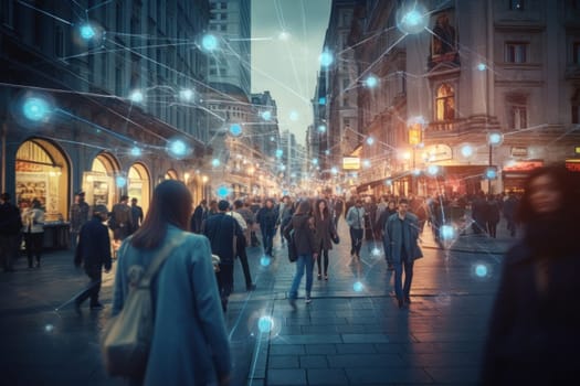 Surveillance camera of a crowd of people walking along busy city streets, AI generative.