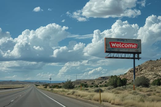 The word Welcome on road sign billboard, Welcome to Highway Road Sign.