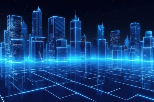 picture of modern city buildings with a blue light, in the style of data visualization.