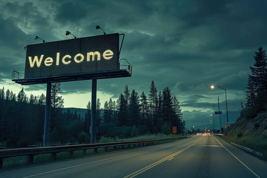 The word Welcome on road sign billboard, Welcome to Highway Road Sign.