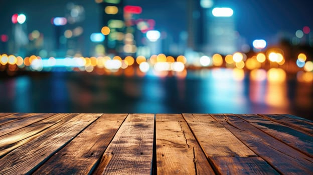 Blank wood tabletop with blurred night city skyline and river, showcase, nightlife,.