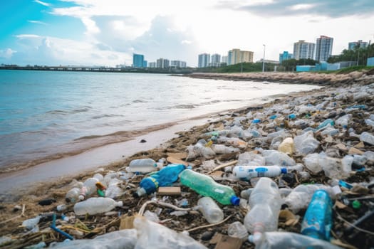 Shoreline tainted by plastic waste. Polluted beach with garbage.