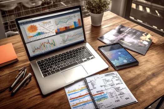 A modern work space desk with a laptop Generative AI.