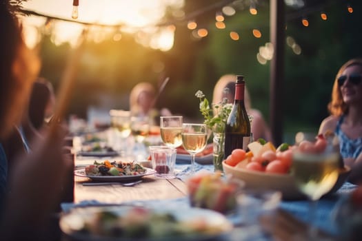 Happy friends having fun outdoor. Group of friends having backyard dinner party together.