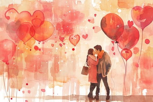 Valentine's Day banner with a watercolor style backdrop with adorable couples and heart balloons.