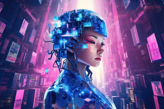 Creative poster collage of cyberpunk neon blue pink city light female robot.