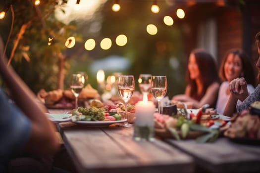 Happy friends having fun outdoor. Group of friends having backyard dinner party together.