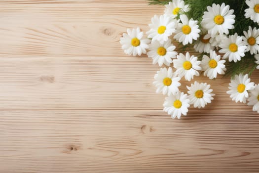 White daisy flowers gypsophila on wood table with copy space, minimal lifestyle concept.