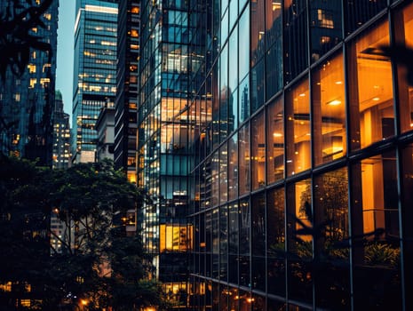 Business building city night view, Modern Office Building Illuminated at Night.