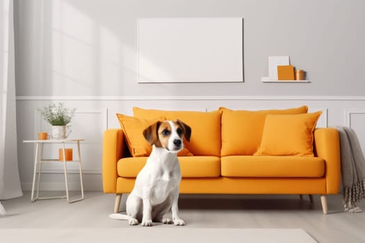 Pet on sofa, Modern living room interior, Cute Dog near couch, AI Generative.