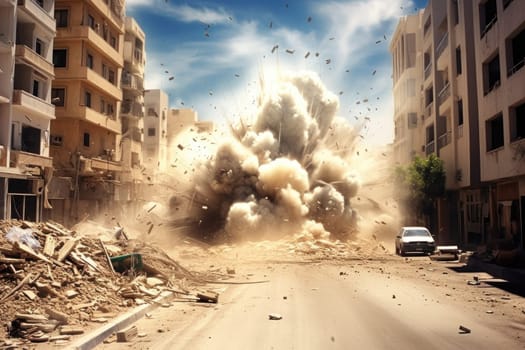 photorealistic image of a bomb explosion in a realistic war zone.