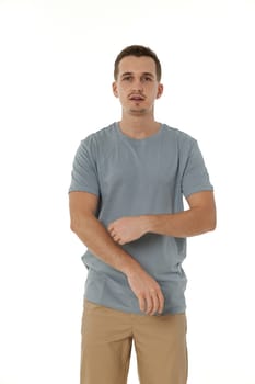 handsome young calm man on white background