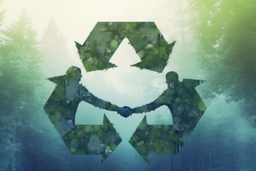 Partners shaking hands and recycling symbol, double exposure, Recycle Concept.