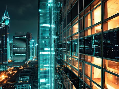 Business building city night view, Modern Office Building Illuminated at Night.