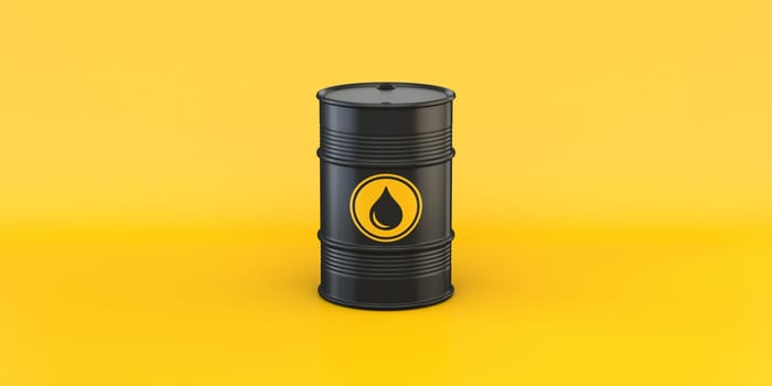 Black oil barrel 3D rendering illustration isolated on yellow background