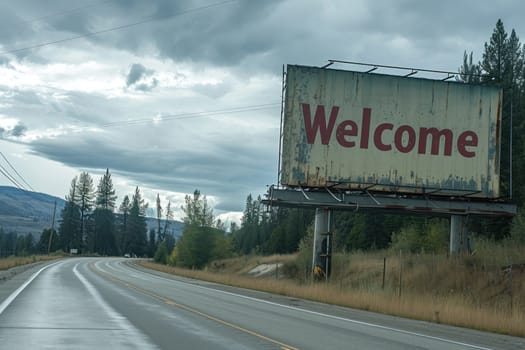 The word Welcome on road sign billboard, Welcome to Highway Road Sign.