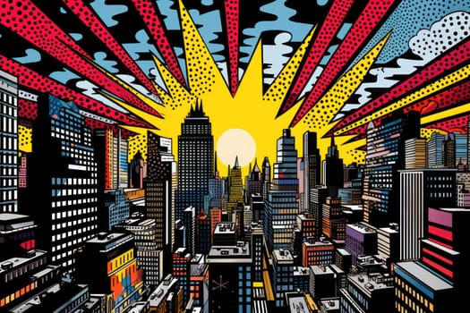 comic retro pop art style sunrise in the city.