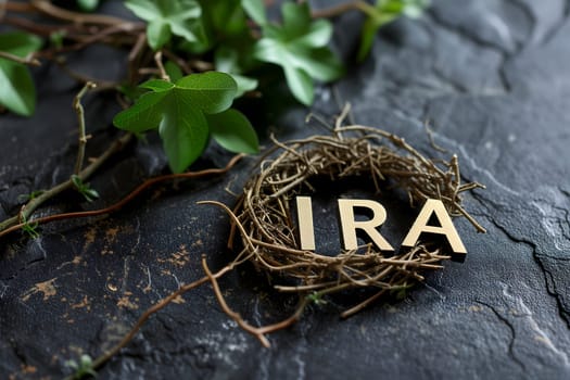 Word IRA in a nest on black slate background. Neural network generated image. Not based on any actual person or scene.