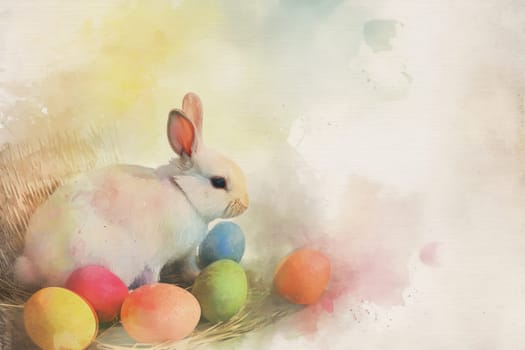 Adorable Easter Bunny With Easter Eggs, colorful Easter eggs, banner and wallpaper, watercolor.