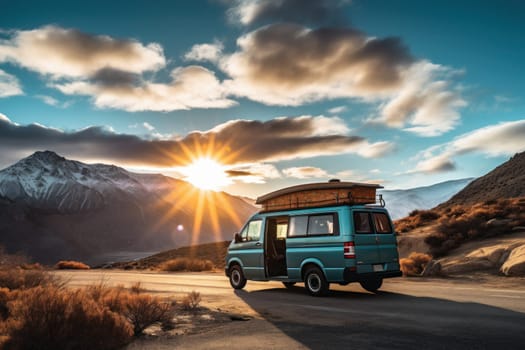 Aerial view, camper van and view of Mountain.