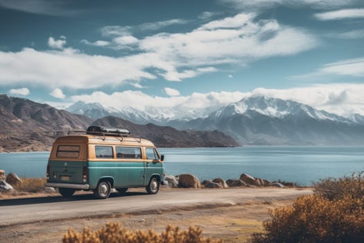 Aerial view, camper van and view of Mountain.