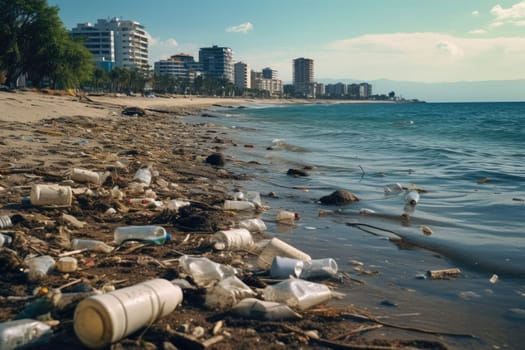 Shoreline tainted by plastic waste. Polluted beach with garbage.