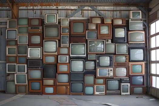 Many old analog tv sets stacked along the wall. Digital neural network generated image. Not based on any actual scene or pattern.