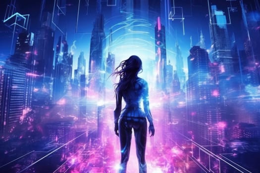 Creative poster collage of cyberpunk neon blue pink city light female robot.