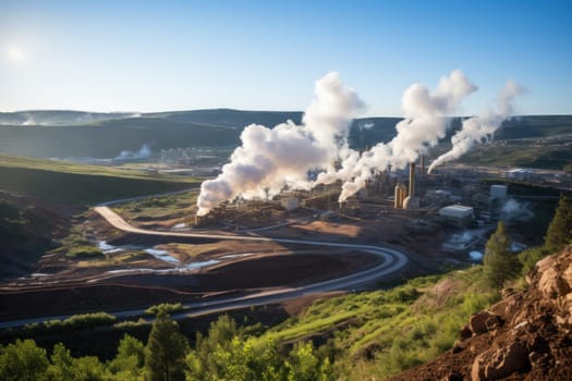 Steam rising from geothermal power plants built near natural hot springs.