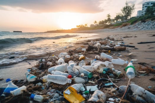 Shoreline tainted by plastic waste. Polluted beach with garbage.