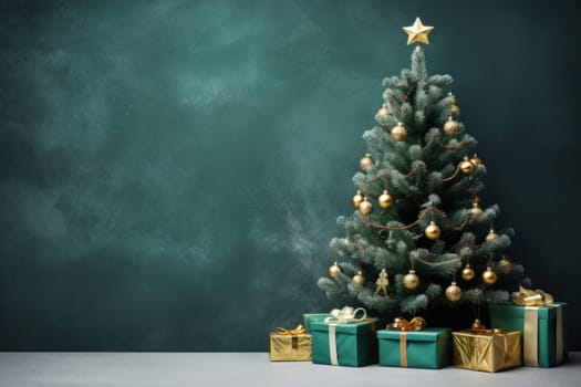 Christmas Tree Winter with Gift Boxes green Background for advertising.