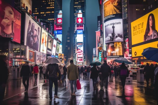 Photo of A lively street scene in Times Square.