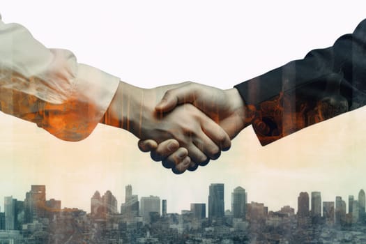 Double exposure on business people closing a deal with a handshake.