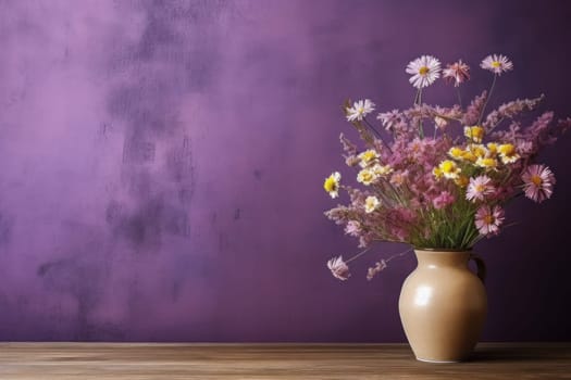 Vase of wildflowers on wooden table and pastel wall texture background.