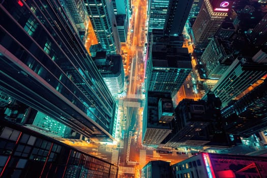 Aerial view of a city street at night time, long exposure of the car lights.