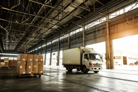 Logistics and transportation. White truck in the warehouse with boxes. for advertising.