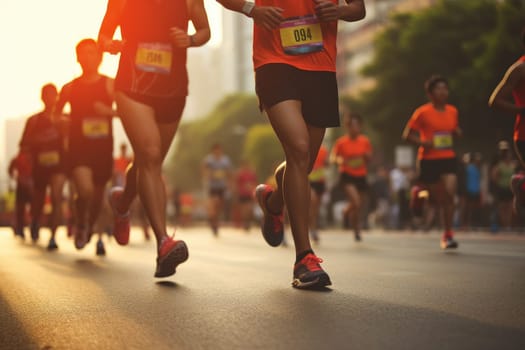 Marathon running in the light of evening, running on city road detail on legs, Athletes.