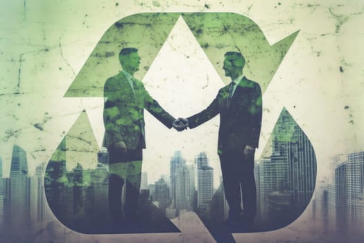 Partners shaking hands and recycling symbol, double exposure, Recycle Concept.