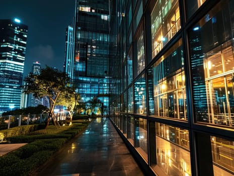 Business building city night view, Modern Office Building Illuminated at Night.