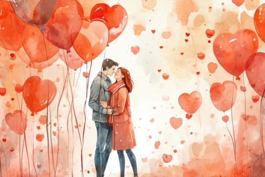 Valentine's Day banner with a watercolor style backdrop with adorable couples and heart balloons.